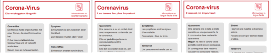 L’image montre une capture d’écran des posters qui présentent les principales définitions liées au coronavirus en français, en allemand et en italien. On ne voit que la partie supérieure des posters.
